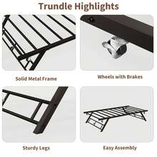 Cama nido plegable de metal doble: diseño vertical, láminas de acero resistentes, ruedas bloqueables, silenciosa, fácil de desplegar para invitados o sofá cama, color negro arenado. - Negro - Ver 5