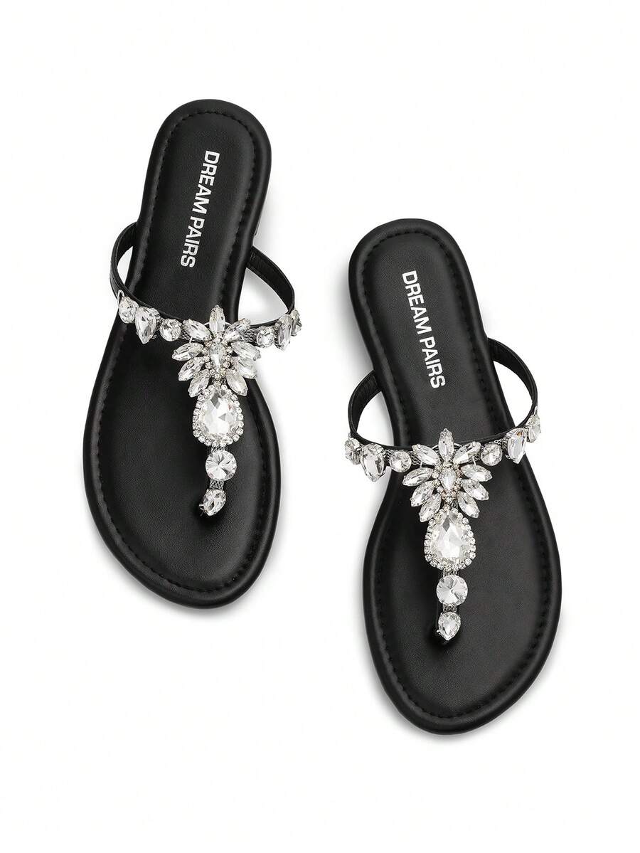 Women Flat Sandals Rhinestone T-Strap Flip Flops Thong Sandals Vacation Beach Casual Chic Party Slip On Sandals Shoes - 黑色 - 查看 1