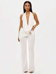 Ladies' Age Reduction And Slimming Style, Fashionable Hanging Neck And Swinging Collar, Backless Tied Rope Top, Metal Buckle Micro Flared Pants Two-Piece Set - trắng - Xem 1