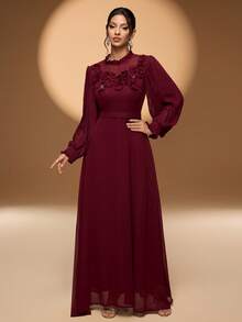 Elegant Women's Long Burgundy Dress With Extra-Long Regular Sleeves Round Neck And Beaded 3D Rose Details Perfect For Party Wear, Valentine's Day Wedding Spring - Burgundy - View 4