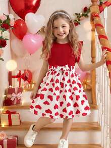 Young Girls Heart Print Frill Trim Patchwork Dress + Belt For Valentine's Day - Red - View 3