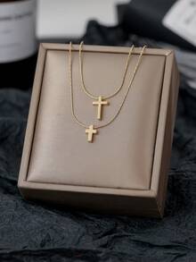2pcs Fashionable Casual Gold Double Cross Pendant Layered Gold Chain Necklace, Suitable For Women's Daily Wear - Yellow Gold - View 3