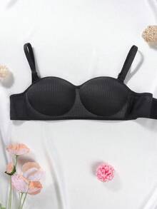 Young Girls' Ribbed Wire-Free Push-Up Bra, Comfortable Strapless Bra With Detachable Shoulder Straps,Suitable For Girls Aged 13-16. - Black - View 3