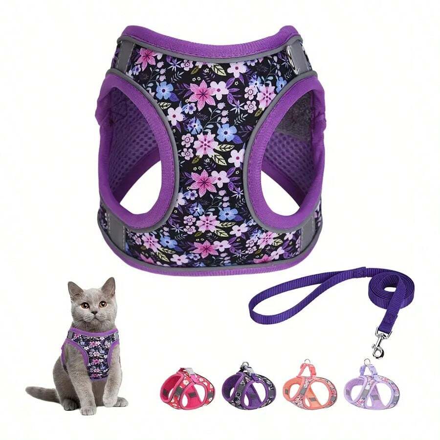 Floral Pattern Dog Leash And Harness Set, Adjustable Design For Easy Walking, Soft Mesh Vest Suitable For Small Pets, Specially Designed To Prevent Small Dogs And Cats From Pulling - Blue - View 1
