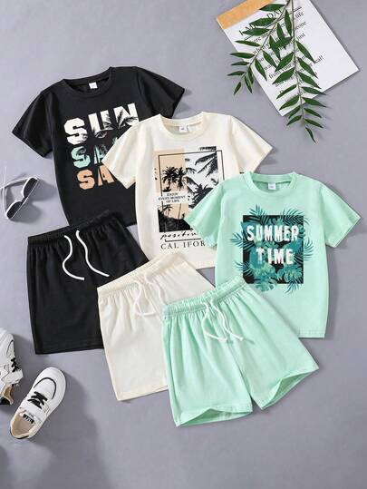 Bộ đồ 3 món cho trẻ nhỏ: Áo thun ngắn tay in hình cây cọ và quần short.