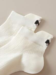 5双白色女士短袜，饰有蝴蝶结和小狗刺绣，薄款休闲踝袜，适合日常穿着 - 白色 - 查看 6