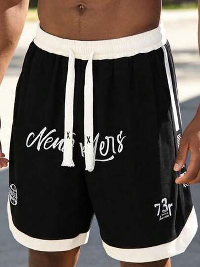 2026 New American Letter Print Contrast Color Casual Sports Shorts Black Summer
