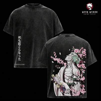 Camiseta WEEB WEARR Zoro Cherry Blossom - Ajuste Oversize Lavado Anime Samurai Streetwear 2025 Vintage Camiseta de una Pieza con Elegante Hoja y Flujo de Sakura Cómoda Manga Corta Cuello Redondo Longitud Media Algodón Premium Ropa de Hombre