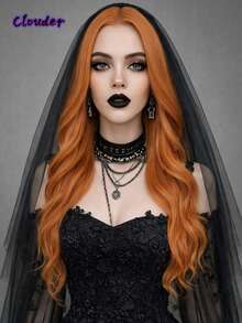 clouder Gothic Punk Orange Long Wavy Curly Wig 26-Inch Center-Parted Bangs Heat-Resistant Synthetic Fiber Wig Women's Soft And Fluffy Curls Perfect For Daily Cosplay, Street Style, Holiday Parties, Music Festivals, Y2K Aesthetic, Avant-Garde College Chic, Modern Fashion Punk Looks - 橘色 - 查看 3