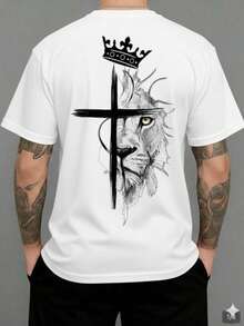 Camiseta Masculina - Design Leão, Cruz e Coroa Estilo Sketch 100% Algodão Envio Imediato - Branco - Visão 1