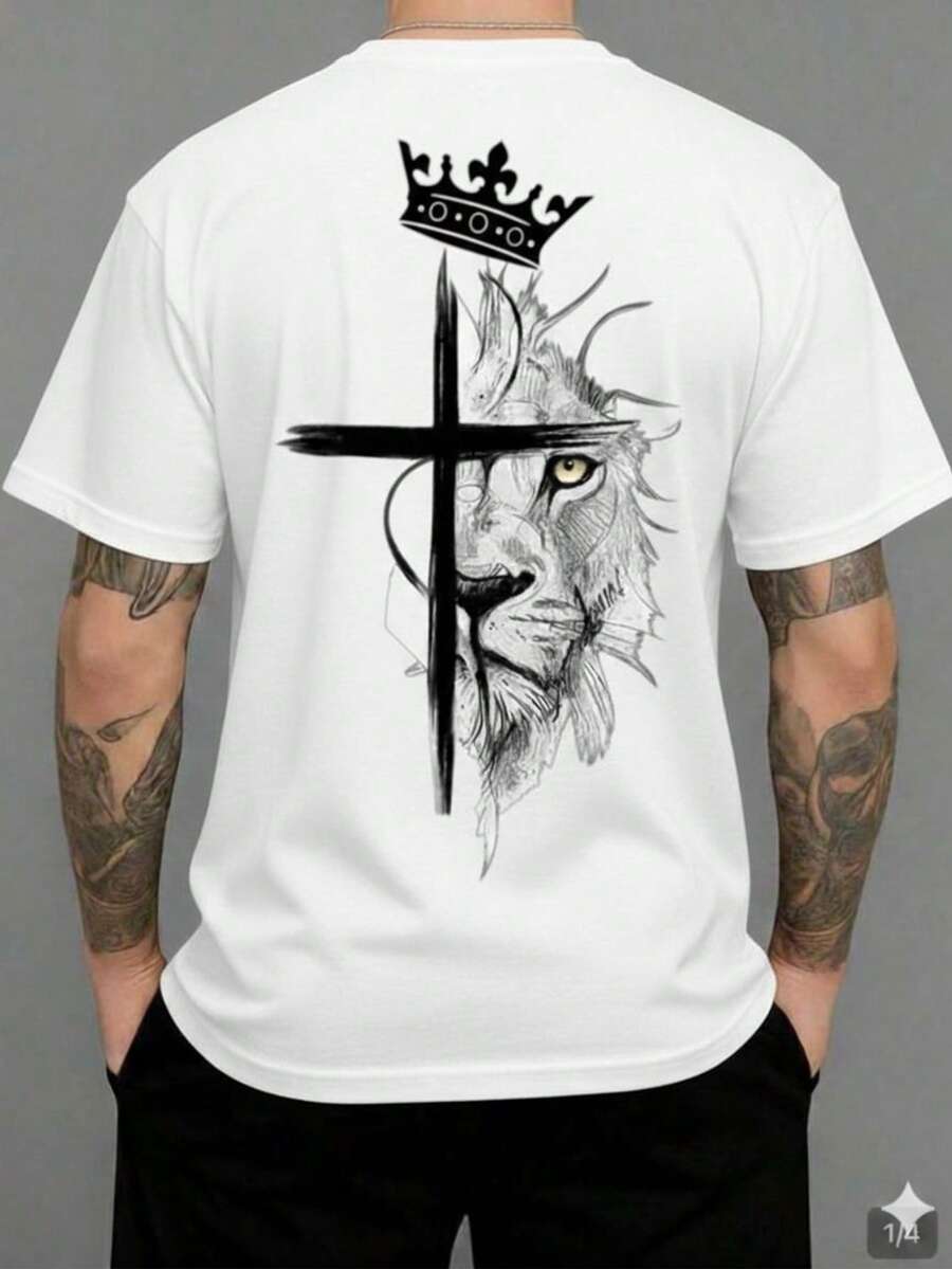 Camiseta Masculina - Design Leão, Cruz e Coroa Estilo Sketch 100% Algodão Envio Imediato - Branco - Visão 1