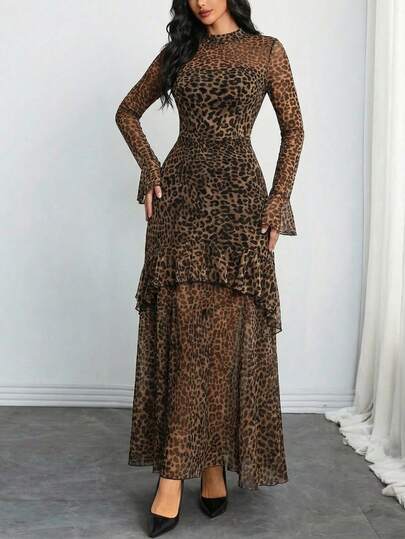 Vestido largo de mujer Vuslat con estampado de leopardo en malla, cuello alto, manga larga, volante en el bajo, elegante vestido de fiesta y cóctel, adecuado para el Día de San Valentín, la calle, una cita