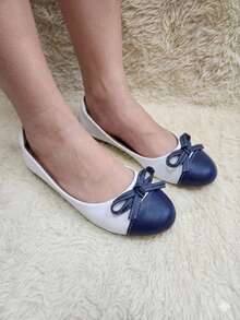 Women's Round Toe Flat Shoes, Blue And White, Special Sizes 33 To 44. Fashionable, Comfortable, Chic, Neutral Style. - 藍白色 - 查看 6