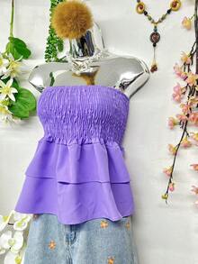 T110 Cropped Blouse With Elastic And Ruffle - 淡紫色 - 查看 2