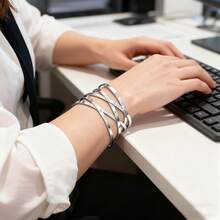 Wide, Braided, Adjustable Women's Bracelet, Plated In 18K Gold Or 925 Silver. - Prata + Ouro - 查看 5