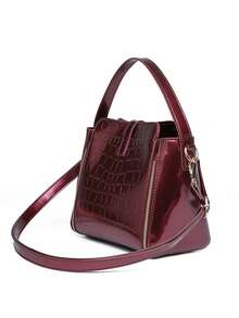Women Patent Leather Handbag High Quality Lnterior Slot Pocket Leather Bucket Bag Female Shoulder Bag Luxury Brand Crossbody Bag - Red - View 6