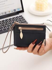 新叶吊坠女士短款手提包，高品质PU纯色双拉链短款钱包手提包，多功能卡片及银行卡收纳包，日常旅行、旅游、派对手提包，送给妈妈、女朋友、生日、感恩节、新年礼物，学院风学生大容量零钱包，日常旅行收纳小包，儿童零花钱短款方包，折叠零钱包 - 彩色 - 查看 12