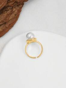 1pc Minimalist Faux Pearl Open Ring With Micro-Inlaid Rhinestones, Suitable For Daily Wear, Weddings, Parties, Beach Vacations And Various Occasions - Gold - View 4