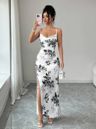 LilyHouse Damsommar Bohemisk Sling Maxiklänning – Heltäckande Lövtryck, Elegant & Avslappnad, Måste-ha För Strandresor & Semestrar, Sexig Strandklänning med Öppen Rygg och Hög Slits | Alla hjärtans dag-Specialkläder För Dam