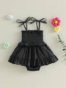Newborn Baby Girl Denim Romper Dress Sleeveless Tie Up Shoulder Smocked Ruffle Bodysuit Summer Clothes - Black - View 5