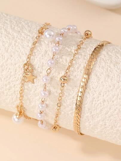 4件套女孩五芒星珍珠心形手链套装，适合日常装饰