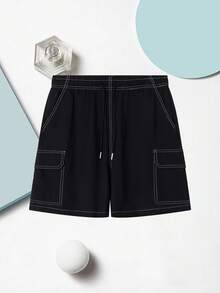 Quần short thể thao nam mùa hè với dây rút ở eo và túi bên hông, thiết kế sọc độc đáo, phù hợp cho chạy bộ, các môn thể thao dùng bóng, tập luyện và các hoạt động thể thao khác. Màu đen. - màu đen - Xem 8