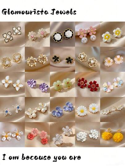 10对装奢华可爱百搭仿珍珠滴油花朵系列耳环，女士优雅百搭混搭风格耳环套装，最佳时尚珠宝礼品，适合派对、婚礼、日常佩戴，随机OPP袋包装