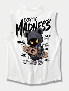 酷炫小熊与滑板图案圆领无袖休闲上衣，适合都市时尚和滑板文化（可机洗） - 白色 - 查看 2