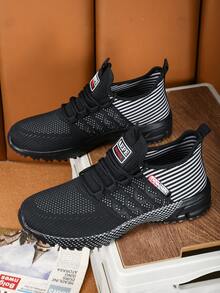 春秋新款透气男鞋，韩版休闲系带运动鞋，软底轻便防滑跑步鞋 - 黑色 - 查看 5