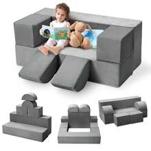 Sofá de Juego Infantil Modular de 6 Piezas, Sofá de Espuma para Niños Pequeños con Funda Extraíble, Convertible para Sala de Juegos y Dormitorio - Gris Oscuro - Ver 8