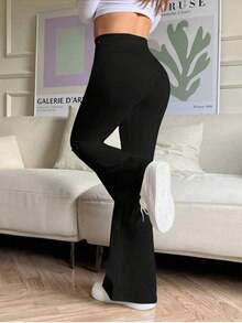 Women's Black Flare Pants, Casual Yoga Leggings, Back To School, Autumn Fashion, Pants, Sweatpants, Women's Full Length Trousers - Black - View 3