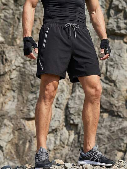 Men's Outdoor Sports Shorts, Summer Letter Print Split Hem Shorts, Elastic Striped Pants With Drawstring & Zipper Pockets, For Running, Workout, Fitness