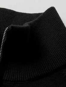 Men's Solid Color Long Sleeve Zip-Up Stand Collar Sweater, Versatile & Commuter-Friendly, Autumn/Winter - Black - View 3