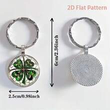 1pc Synthetic Gemstone Keychain With Vintage Floral And Clover 2D Pattern, Compact And Cute, Suitable For Everyday Use - Multicolor - View 6