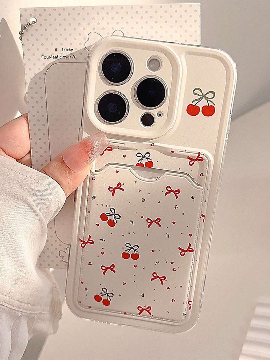 1 pieza Funda de teléfono con tarjetero transparente y diseño de cerezas, diseño clásico, moda minimalista, apta para iPhone 17 Pro Max/16 Pro Max/13/15/16/15 Pro Max/17 Pro/14/11, funda de teléfono con tarjetero transparente y estampado de cerezas de moda - transparente - Ver 1