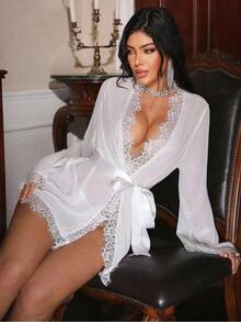 Women Nightwear Lace Mesh Patchwork See Through Open Chest Strap Design Underwear Set - Valentine's Day - 白色 - 查看 4