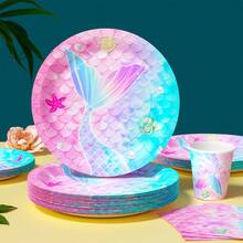 美人鱼主题一次性餐盘、餐巾纸、纸杯 - 一次性派对用品套装，可供25位客人使用，一次性纸盘，派对餐具，适用于生日、婚礼、主题派对、家庭野餐 - 彩色 - 查看 3