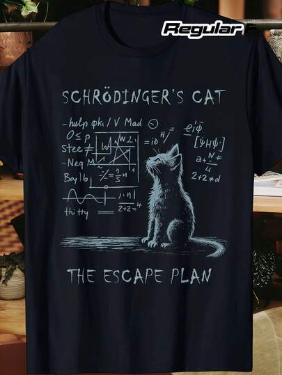 Men's Funny Schrödinger's Cat Quantum Mechanics T-Shirt - Science Humor Physics Tee with Schrödinger's Equation & Wave Function Collapse Design, Casual Round Neck Short Sleeve Shirt for Phy
