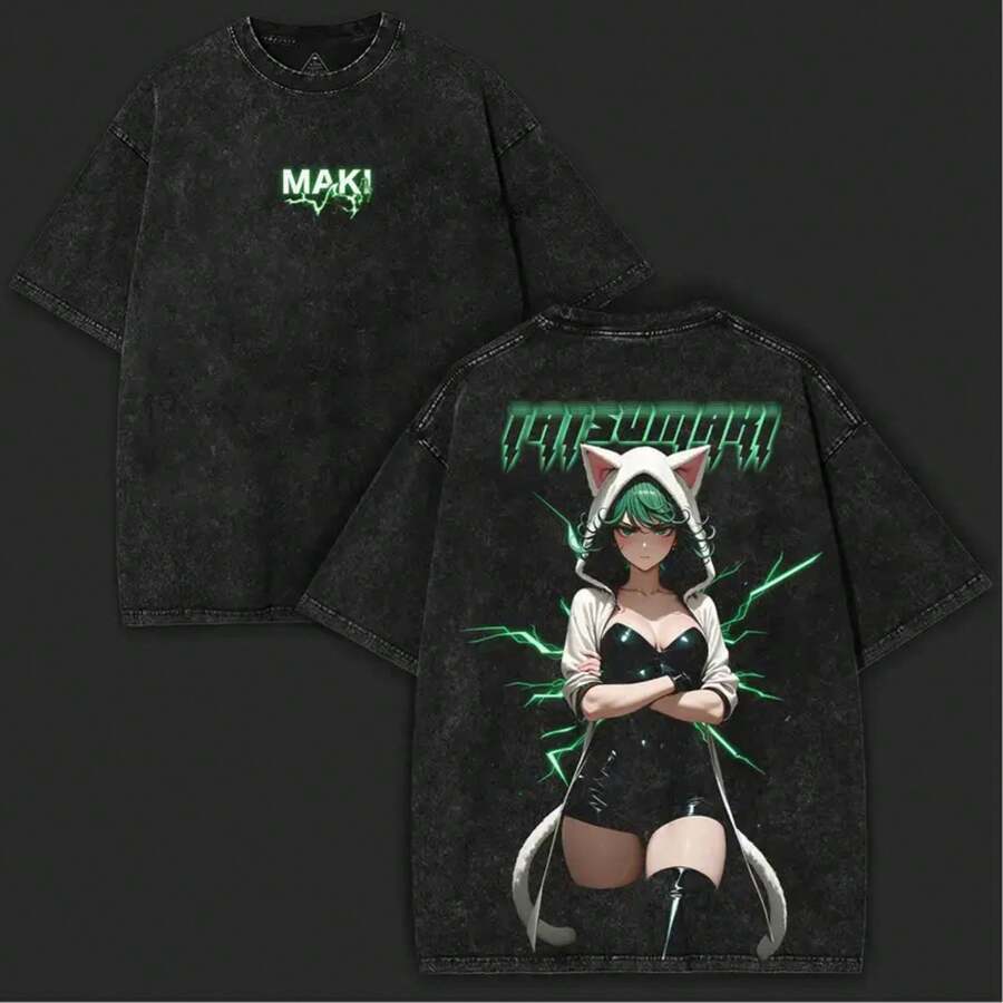 Camiseta Tatsumaki One Punch Man con Sudadera con Orejas de Gato, Impresión de Anime en la Parte Posterior, Algodón Pesado, Ropa de Calle de Doble Cara, Ropa de Hombre Oversized - Negro - Ver 1