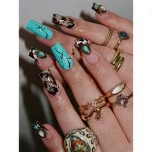 24 Pieces Of Square-Shaped Wearing Armor Gift Box Western Cowboy Style Manicure Milk Pattern Mix And Match Turquoise Blue With Retro Diamond Fashion Sense, Full Of Girl Gifts, Daily Work Wear, Dating Essential Fake Nails With Jelly Glue 1 File Strip 1. Press On Nails Nail Supplies Nails - Nhiều màu - Xem 1