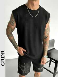 GRDR Men's Waffle Knit Tank Top, Minimalist Versatile Premium Casual T-Shirt, Spring/Summer - Black - View 2