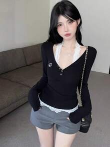 Women's New Lace Halter Sexy Design Blouse, Long Sleeve Lace Patchwork Knit Top - Black - View 5