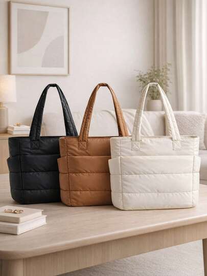 1 Bolso de mano acolchado y acolchado para mujer, de gran capacidad, adecuado para el transporte diario y las compras, simple y versátil.