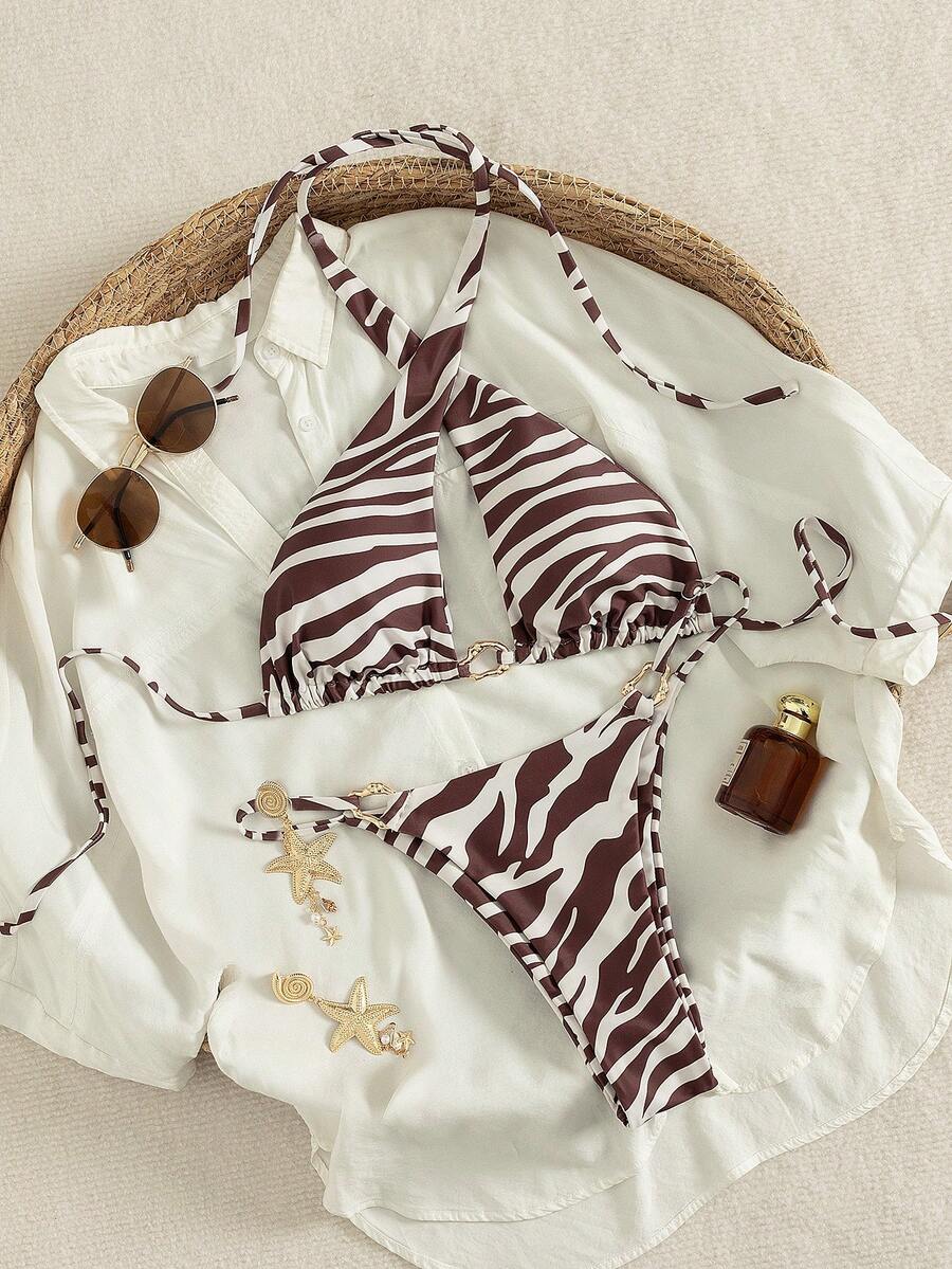 Conjunto de bikini estilo bohemio sexy y elegante con escote halter calado, traje de baño de moda para vacaciones en la playa en verano - Multicolor - Ver 1