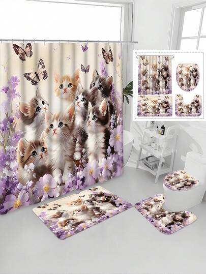 1pc/4pcs Spring/Summer Floral Kitten In Flower Pattern All-Season Home Bathroom Curtain Set, Includes Waterproof Durable Polyester Shower Curtain (With 12 Hooks), Non-Slip Bath Mat, U-Shaped Mat, And Round Toilet Lid Cover, Modern Luxury Bathroom Decor Set