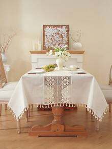 1pc 100% Polyester Faux Linen Fabric Vintage Solid Color Tablecloth With Tassels, Minimalist & Elegant, Suitable For Kitchen, Dining Table, Desk, Vanity, Decor, Home Decoration, Floral Table Cloth, Living Room, Bedroom, Yard, Indoor Outdoor, Outdoor Furniture, Camping, Villa, Holiday, Party, Family Gathering, Festival Decoration, Party Wedding Decorations, Multiple Sizes Available, All Season Use - Beige - View 5