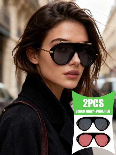 2pcs New Oversized Frog Eye Pilot Frame Fashion Fashion Glasses, Retro High Quality Street Style Versatile Women Glasses