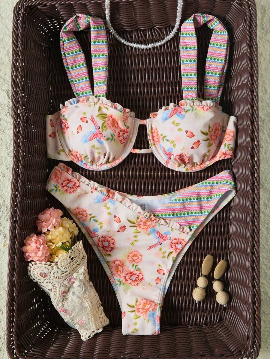 Casual Vacation Beach Party Multicolor Printed Bikini 2 Pieces Swimwear, Striped Pattern, Twist Design Summer - Multicolor - View 1