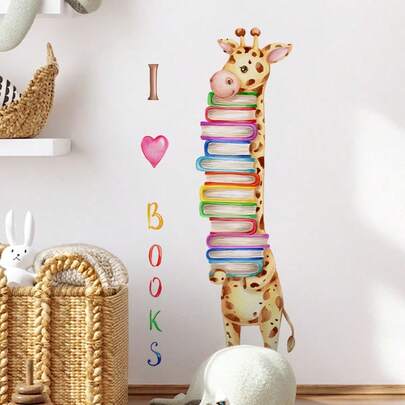 1pc Watercolor Book Giraffe Book Wall Sticker Decal Peel And Stick For Bedroom Classroom Home Decoration
