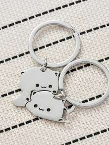 Cute Cartoon Cat Keychain Couple Lovers Stainless Steel Matching Keyring Lovely Pendant Valentine Day Gift Jewelry - A - View 8